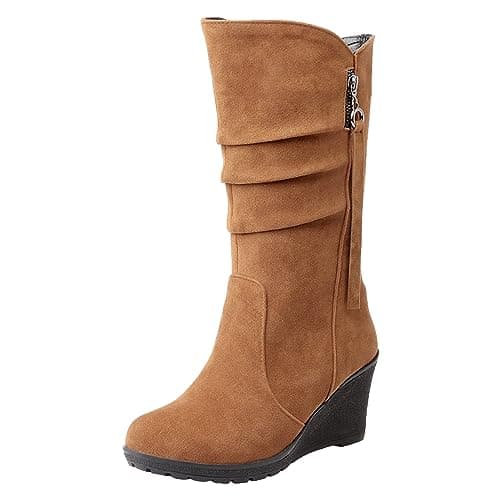 Image of rismart Women Slouch Boots Mid Calf Wedge Heel Thin Fur Lined Suede Leather Winter Shoes Brown,5