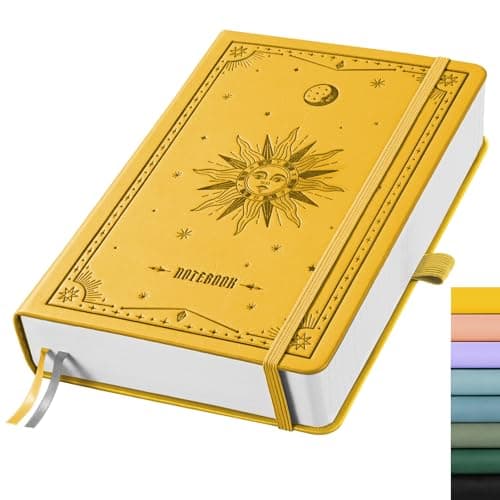 Image of EMSHOI A5 Notebook Lined Journal - 320 Numbered Pages, 100gsm Thick Notepad, Hardcover Leather College Ruled Note Book for Women Men School Work Writing Note Taking, 14.5 x 21cm - Yellow