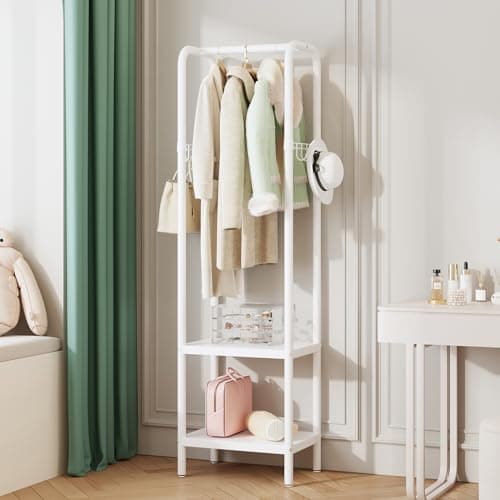 Image of ZHYOCOGY Metal Coat Stand, Small Coat Rack with Shelf and Hook, Freestanding Clothes Rail for Hallway, Bedroom, Office, Balcony, Small Space, Entrance (white)