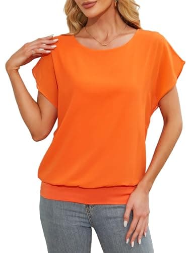 Image of Anelune Summer Blouses for Women Elegant Casual Ladies Chiffon Blouses Short Sleeve Loose T-Shirts Orange X-Large