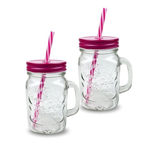 Image of G4GADGET 2 X 500ml Glass Mason Drinking Jars Bottles Party Drink Glasses + Lids and Straws