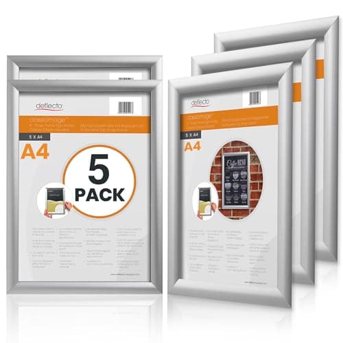 Image of Deflecto Pk 5 x A4 Snap Frame Silver - Aluminium Clip Frames - Wall Mount Picture Frames - Posters Display Holder - Front Opening Picture Frame Clips