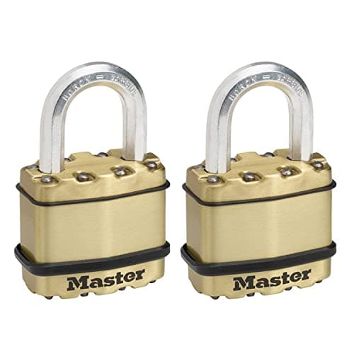 Image of MASTER LOCK Pack of 2 High Security Padlocks, Security Level 8/10, Keyed, Outdoor, Laminated Steel/Brass Finish, Weatherproof, Standard Shackle