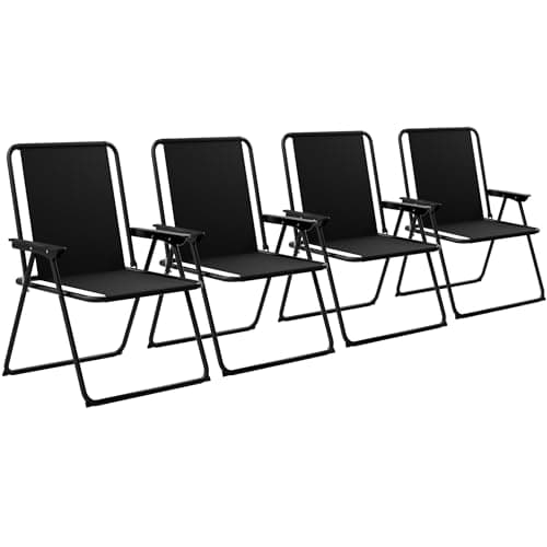 Image of Outsetter Folding Beach Deck Chairs - Pack of 4, Metal Outdoor Lightweight Deck Chair with Armrests, Portable & Easy to Store, Suitable for Camping, Garden, Picnic & Fishing - Black