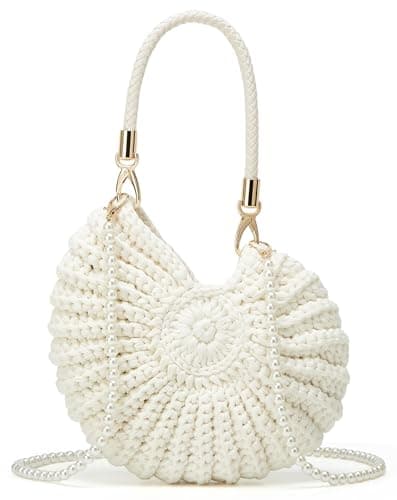 Image of Handmade Crochet Seashell Bag - Women's Boho Beach Tote Handbag with Pearl Accent, Crochet Shell Purse for Summer Vacation, Shoulder Crossbody Hobo Clutch (Beige)