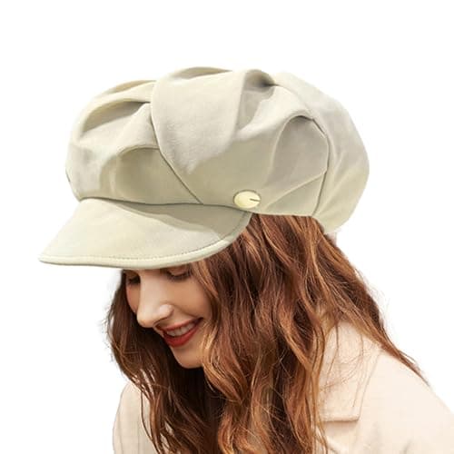 Image of NiceYnn Women Beret Hat Oversizes Soft Pleated Octagonal Peaked Caps Newsboy Painter Artist Hats French Vintage Ladies Baker Boy Hat with Large Brim Cotton Cloth Spring Autumn Cap Beige