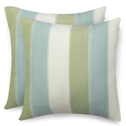 Image of Hopomoon Striped Cushion Covers 45x45cm Set of 2, Modern Sage Green and Blue White Vertical Decorative Throw Pillow Cases Soft Polyester Pillow Covers for Sofa Living Room Bedroom