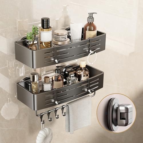 Image of Voldra Shower Caddy Suction Cup, Adhesive Bathroom Shelves Shower Storage Wall Mounted Bathroom Caddy Stick on Shower Organiser Rack With 8 Removable Hooks and Towel Bar(2 Pack, Grey)