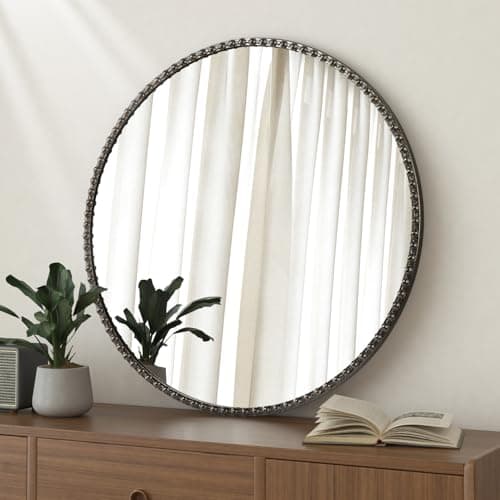 Image of Lzuso Wall Hanging Mirror Round Metal Framed Circle Mirrors with Beaded for Bathroom Bedroom Entryway Home Decorative Bronze 45x45cm