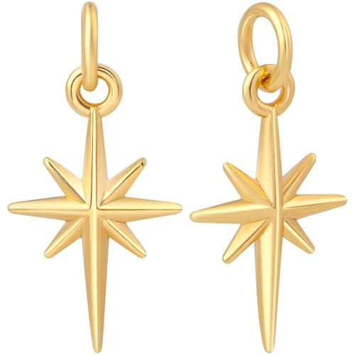 Image of Joez Wonderful 2 Pcs Gold North Star Charms, Brass Polaris Charm with Jump Rings, 18K Gold Plated Star Pendants for DIY Crafts, Necklace, Bracelet, Jewelry Making