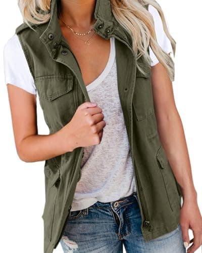 Image of Imily Bela Womens Gilet Cargo Vests Sleeveless Drawstring Jackets with Pockets Spring Summer Lightweight Denim Outerwear Waistcoat(Army green,L)
