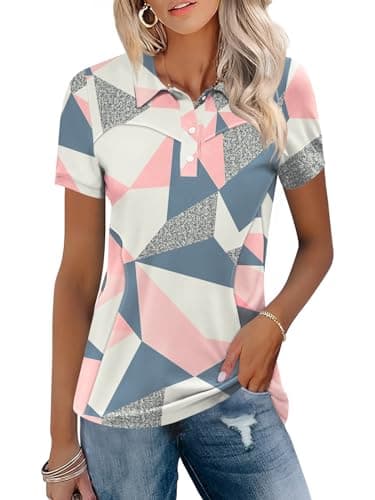 Image of IECCP Women's Golf Polo Shirts Short Sleeve Collared Lightweight Moisture Wicking T-Shirt Summer Workout Casual Tennis Tops with 3-Button 2026 (Pink Floral,L)