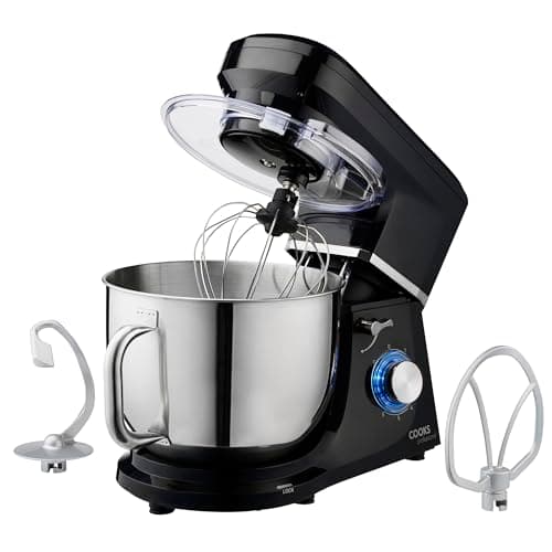 Image of Cooks Professional Stand Mixer 1200W with 6 Speeds & Pulse Function, 7L Stainless Steel Mixing Bowl, Splash Guard, Whisk, Beater & Dough Hook | Electric Kitchen Mixer for Cakes, Bread, Baking | Black