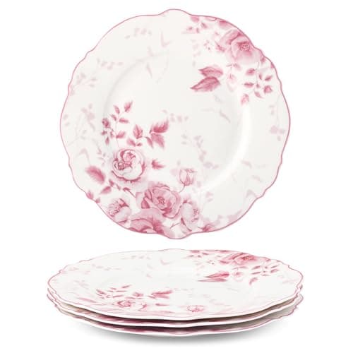 Image of fanquare 21.6cm Pink Floral Dessert Plate Sets of 4 British Elegant Porcelain Snack Appetizer Dinner Plates Service Microwave & Dishwasher Safe