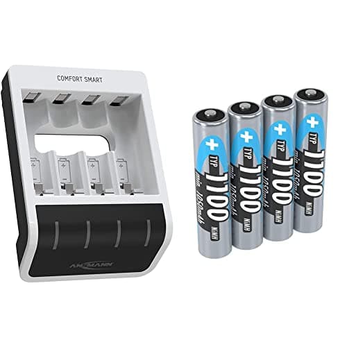 Image of Ansmann Comfort Smart AA & AAA Battery Charger For NiMH NiCd Rechargeable Batteries & 5035232 AAA Rechargeable Batteries [Pack of 4] 1100 mAh NiMH High Capacity AAA Type Size Battery, Argento, Black
