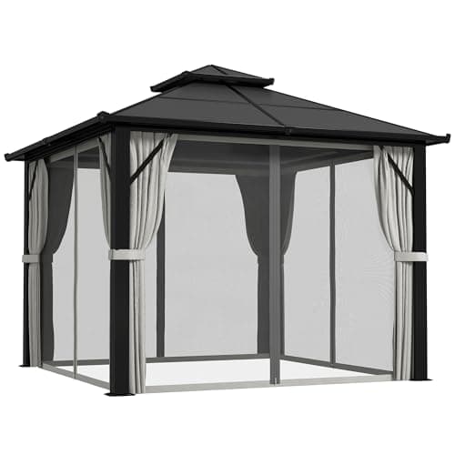 Image of Outsunny 3 x 3(m) Hardtop Gazebo Canopy with UPF30+ Double Polycarbonate Roof, Aluminium Frame Garden Gazebo Permanent Pavilion with Mosquito Netting and Curtains for Patio, Deck, Grey
