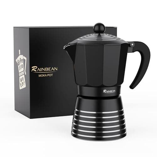 Image of RAINBEAN Moka Pot 6 Cup Set Espresso Maker, Steam Italian Stovetop Coffee Makers Percolator, Aluminum Ripple Ring Design, Easy To Use & Clean,Black