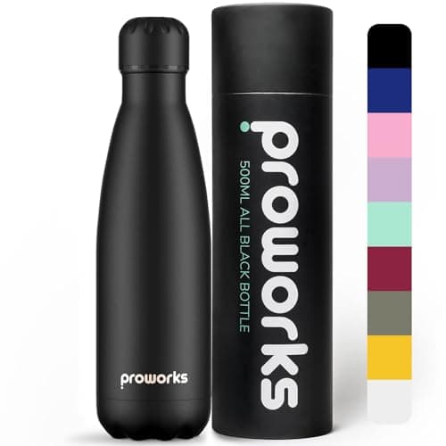 Image of Proworks Performance Stainless Steel Sports Water Bottle | Double Insulated Vacuum Flask for 12 Hours Hot & 24 Hours Cold Drinks - Great for Home, Work, Gym & Travel - 500ml - BPA Free – Jet Black