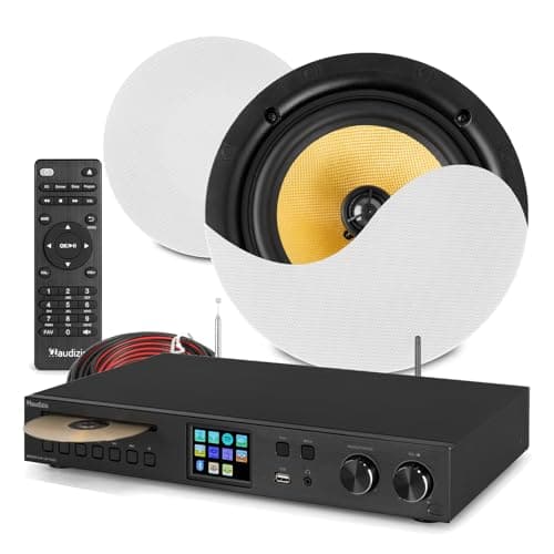 Image of Power Dynamics 2x PD KVCS8 Ceiling Speaker System with Streaming Amplifier, HiFi Sound, Bluetooth, DAB Radio, IP44, Magnetic Grilles, Home Audio Kit, White