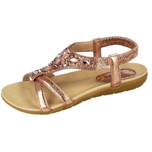 Image of Jo & Joe Ladies Faux Leather Open Toe Sling Back T-Bar Diamante Gem Stone Flat Gladiator Summer Sandals Rose Gold 6 UK