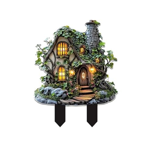 Image of Acrylic Ornaments Fairy Garden, 16" Glow in The Dark Cottage with Solar LED Light, Miniature Garden Decoration for Indoor or Outdoor Gardens (A, 30X23.4cm)