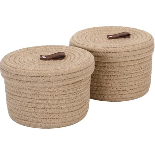 Image of Sea Team 2-Pack Cotton Rope Storage Basket Set, Round Lidded Organizer Bin for Home Bathroom Desk, 2-Liter Multi-Use Container for Toys Toiletries, Khaki