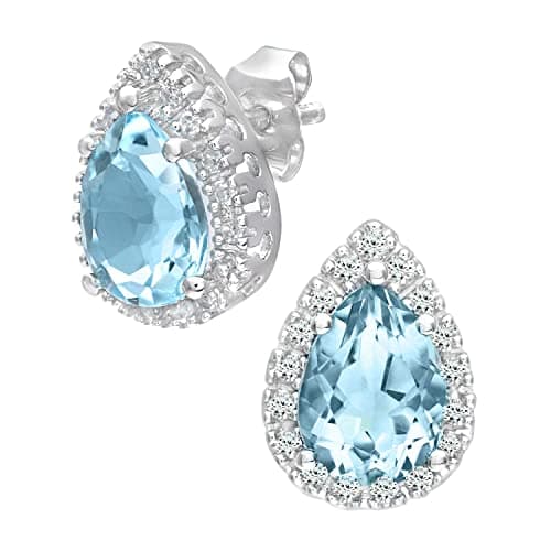 Image of 9ct White Gold Women’s Earrings – Blue Topaz Drop Diamond Set Studs - by Elegano