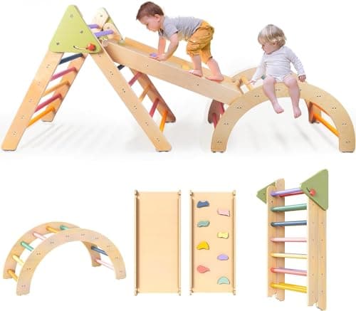 Image of LOL-FUN 3in1 Wooden Climbing Frame for Toddlers, Baby Climbing Toys Pikler Triangle Set with Ramp and Arch, Montessori Indoor Play Jungle Gym for Kids-Rainbow
