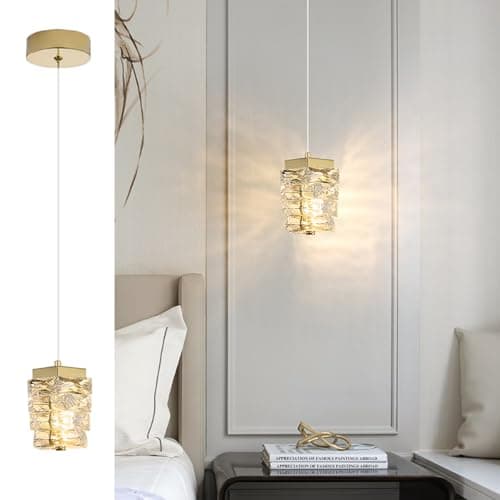 Image of Sxtiger Modern Gold Crystal Pendant Light, 3-Color LED Crystal Hanging Light Fixture Indoor Ceiling Pendants Lamp for Bedroom Kitchen Island Dining Room Hallway (Gold)