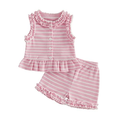 Image of Geagodelia Kids Toddler Baby Girls Summer Clothes Striped Ruffled Trim Sleeveless Peplum Tops and Shorts Set Cute 2 Piece Outfit (Pink, 2-3 Years)