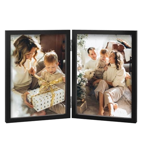 Image of Double Photo Frame 4x6 Hinged Folding Wood Picture Frame with Glass Front Stand Vertical on Desktop Black