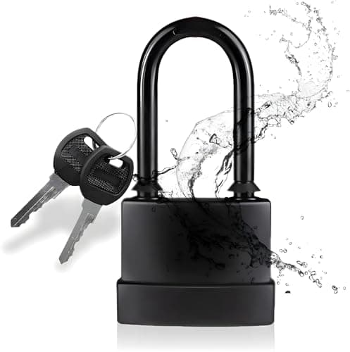 Image of Heavy Duty Outdoor Waterproof Padlock | 45mm Rust-Proof Steel Lock with 2 Keys | High Security for Shed, Garage, Garden Gate, Door, Chain | Weatherproof Black (Long Shackle)