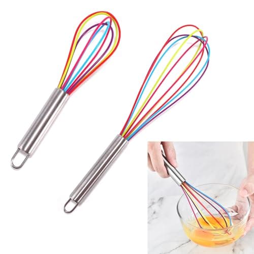 Image of 2 Pcs Silicone Whisk Set Manual Egg Beater Stainless Steel Wire Hand Whisk Rainbow Colourful Non-Slip Handle 8 Inch 11 Inch Kitchen Balloon Whisk Egg Stirrer for Mixing Blending Cooking Baking