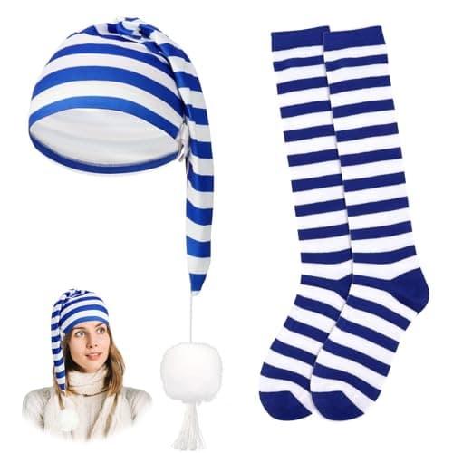 Image of WDFCN Sleeping Hat Carnival Striped Stockings Blue White Set Pointed Hat Night Hood Striped Stockings Sleep Hat with Bobble for Sleepwalker Costume Party Fancy Dress JGA Wedding, blue white, One Size