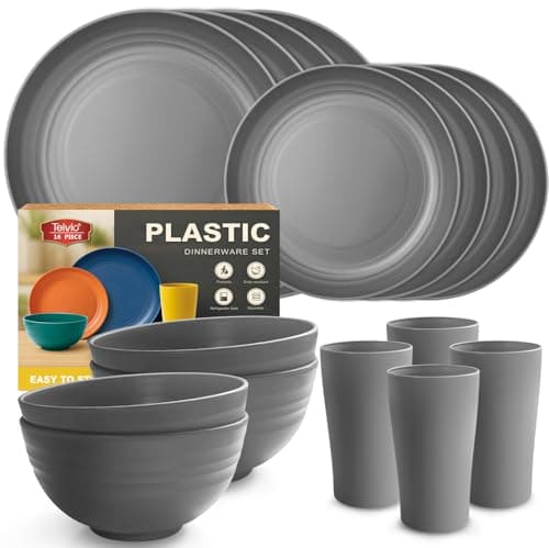 Image of Teivio 16-Piece Kitchen Plastic Dinner Set, Service for 4, Dinner Plates, Dessert Plates, Cereal Bowls, Cups, Unbreakable Plastic Plates and Bowls Set, Outdoor Camping Dishes, Grey