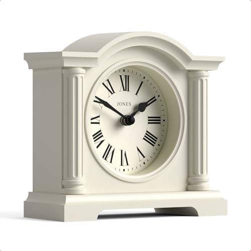 Image of Jones Clocks® Kensington mantel clock | Small classic arch top clock | Pale cream | Stylish & contemporary | Ideal for desk, mantelpiece, bookshelf or bedside