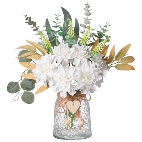 Image of Faux Flowers with Vase Artificial White Dahlia Flowers in Vase Fake Eucalyptus Plant Floral Arrangement for Dining Table Centerpieces Home Kitchen Office Coffee Bathroom Decorations(White)