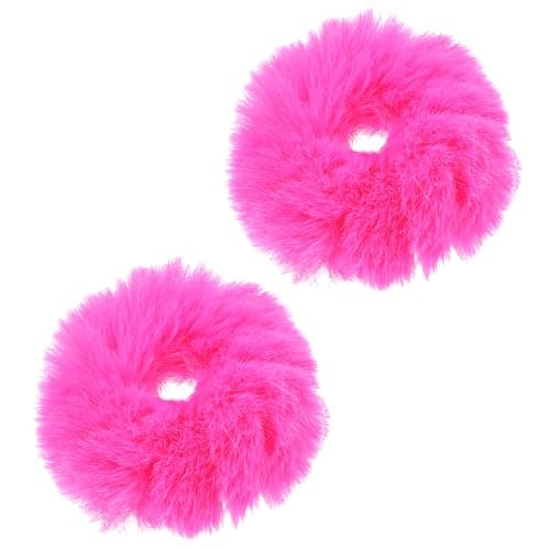 Image of PEOVLVN 2 Pcs Hot Pink Scrunchies, Pom Pom Hair Ties Faux Rabbit Fur Fuzzy Scrunchies Fluffy Ponytail Holders Hair Accessories for Girls Women (hot pink)