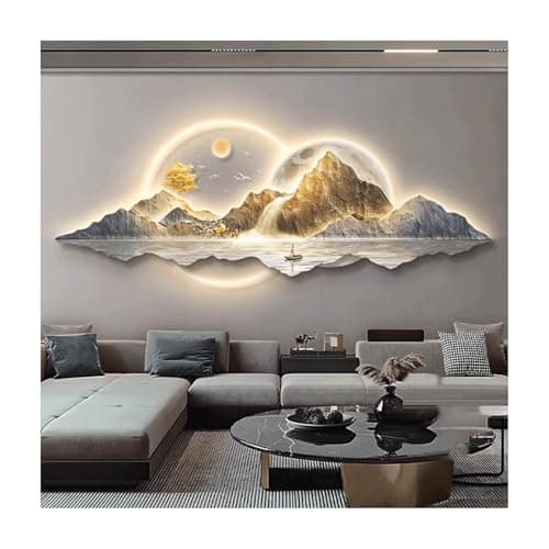 Image of UPJAKS Landscape 3D Wall Art Decor with LED Light Sun and Moon 3D Wall Painting with Remote Control Illuminated Wall Sculpture Mural with Mountain & deer for Living Room