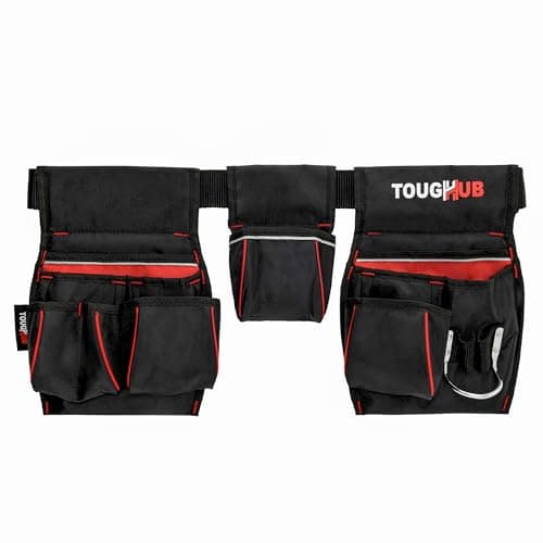 Image of ToughHub Heavy Duty 1680D Nylon Work Tool Belt Pouch – 9 Pockets Adjustable Tool Belts for Men, Electricians, Carpenters & Plumbers – Hammer Loop & Multi-Compartment Waist Bag