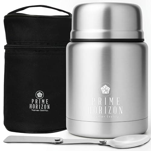 Image of Prime Horizon Food Flask - 500ml Stainless Steel Vacuum Double Wall Jar with Folding Spoon, Leakproof and BPA Free. Free Insulated Travel Bag with Carabiner and Gift Box (Silver)