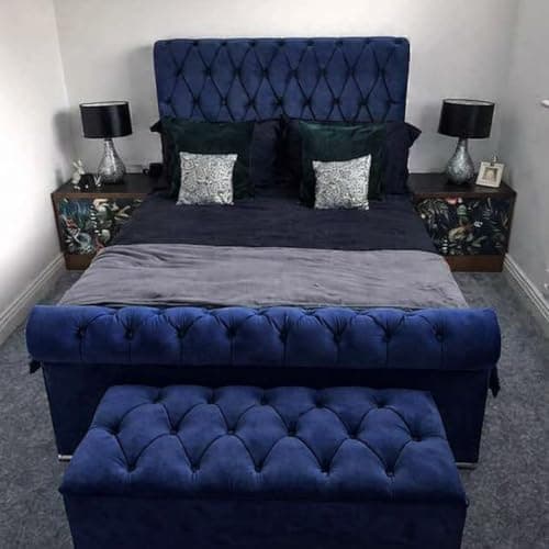 Image of Bespoke Chesterfield Plush Velvet Royal Slaigh Bed - Mattress/Gas Lift Options - UK Made - Double/King/Super King (Saphire Plush, King size 5ft Bed Frame)