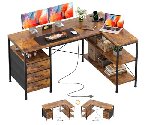 Image of CAIYUN 120cm Corner Desk with Drawers, Reversible L shaped Computer Desk with Power Outlet, Home Office Desk with USB Charging Port, Rustic Brown