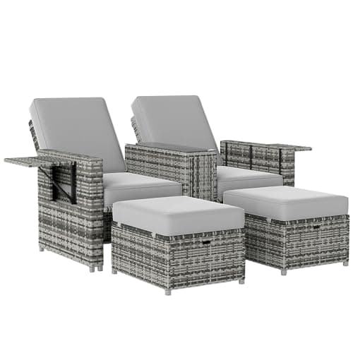 Image of Outsunny Recliner Rattan Sun Lounger, Storage Tea Table & Footstools, Grey