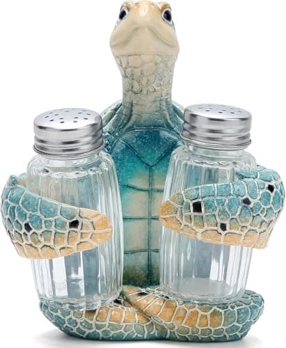 Image of ZAWUU Sea Turtle Salt and Pepper Shakers Set with Decorative Resin Holder - Nautical Coastal Kitchen Decor for Beach House, Ocean Themed Table Centerpiece & Unique Housewarming Gift