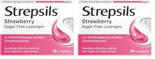 Image of Strepsils Sore Throat Lozenges, Strawberry, 36 Total, Sore Throat Relief, Throat, Effective Relief, Fights Germs, Relieves Throat Pain, Works in 5 Minutes, Sore Throat, Medication (Pack of 2)