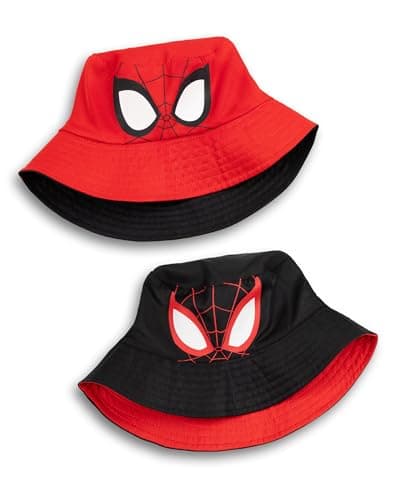 Image of Marvel Spiderman Reversible Bucket Hat in Red & Black | Classic Boys Sun Protection Hat | Featuring Spiderman & Miles Morales | Casual Wear Hat for Kids