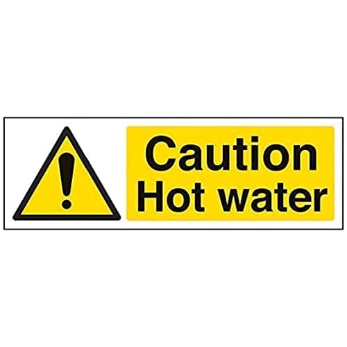 Image of V Safety 62012AX-S Caution Hot Water Sign - Landscape - 300mm x 100mm - Self Adhesive Vinyl, Black/Yellow