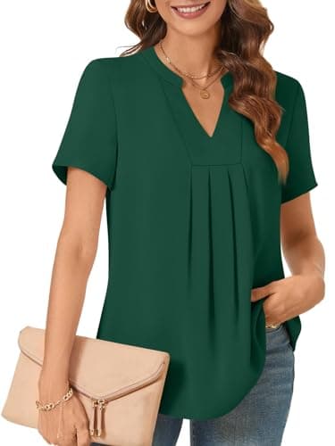 Image of Bestbee Ladies Summer Tops, Dressy Chiffon Blouses Pleated Shirts Notch V Neck Short Sleeve Tunic Tops Casual T-Shirts, Dark Green, M