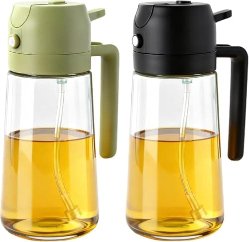 Image of AMOYOX 2Pack Glass Oil Sprayer for Cooking 16oz/470ml, 2 in 1 Oil Dispenser with Label Stickers & Portion Control, Kitchen Gadget for Air Fryer, Salad, BBQ, Frying（Black+Green）